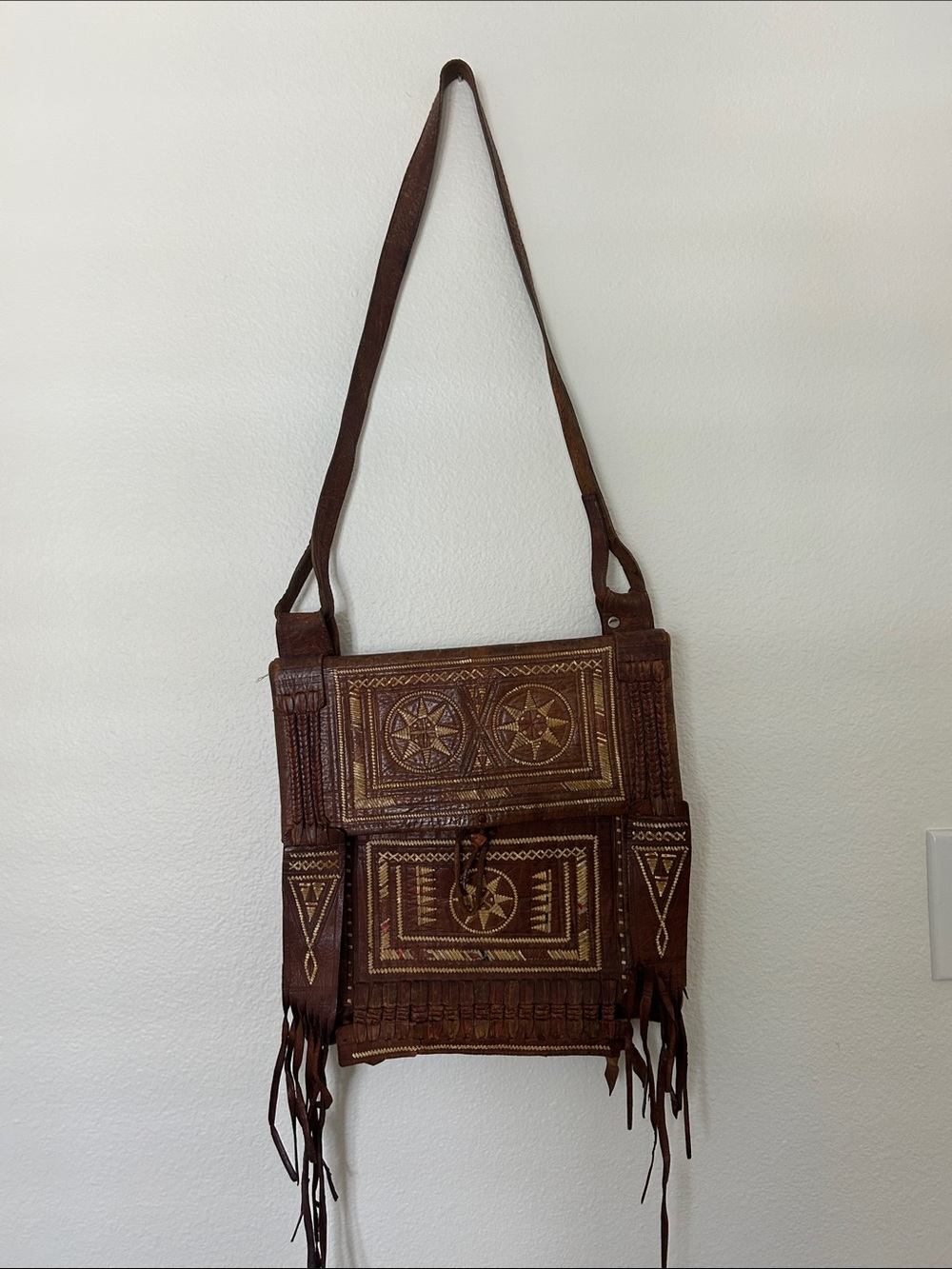 Vintage Brown Leather Fringe Crossbody Bag